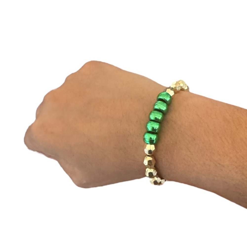 Handcrafted Metallic Gold & Green Pony Beaded Bracelet